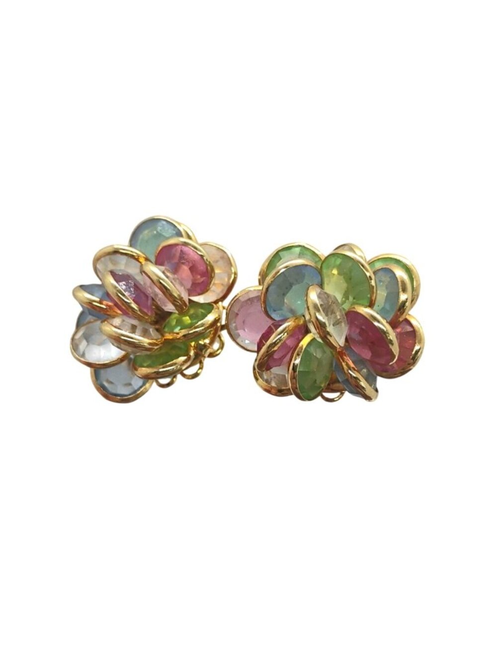Vtg Bezel Set Crystal Cluster Earrings Gold Tone Pierced Pastel Colors - Picture 3 of 9